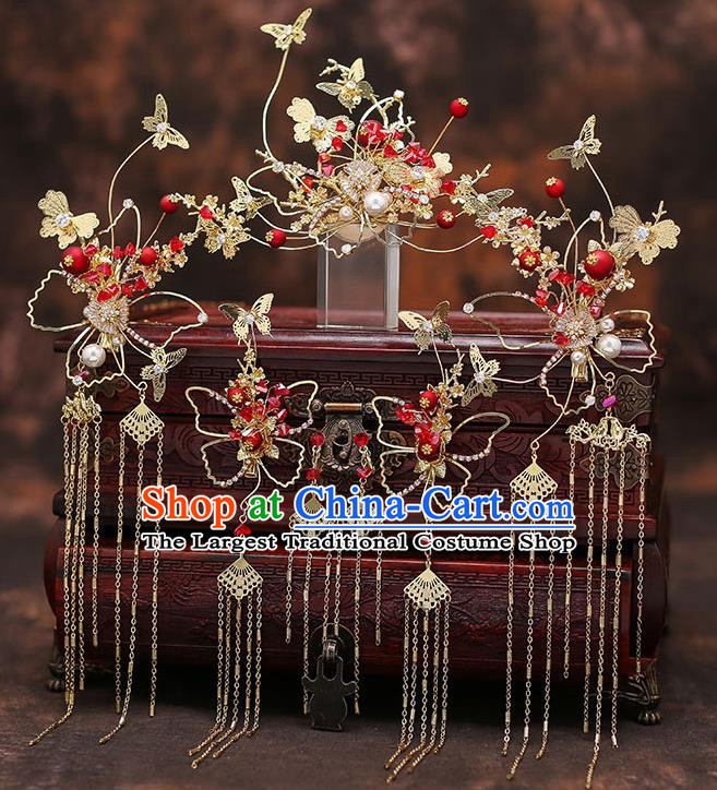 Chinese Traditional Golden Butterfly Hair Clasp Bride Handmade Tassel Hairpins Wedding Hair Accessories Complete Set for Women