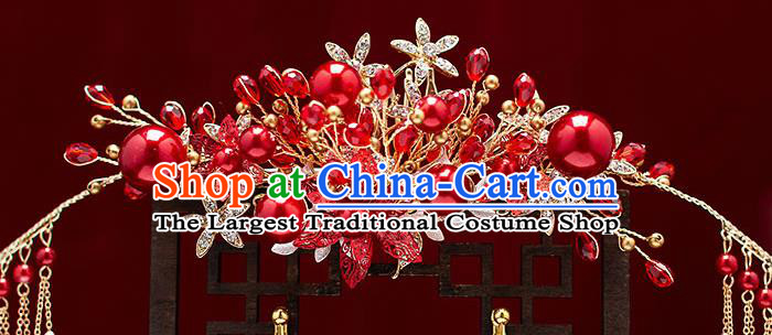 Chinese Traditional Red Beads Hair Comb Bride Handmade Tassel Hairpins Wedding Hair Accessories Complete Set for Women