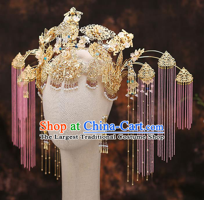 Chinese Traditional Phoenix Coronet Bride Handmade Tassel Hairpins Wedding Hair Accessories Complete Set for Women