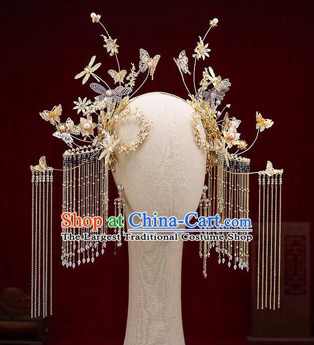 Chinese Traditional Golden Hair Clasp Bride Handmade Tassel Hairpins Wedding Hair Accessories Complete Set for Women