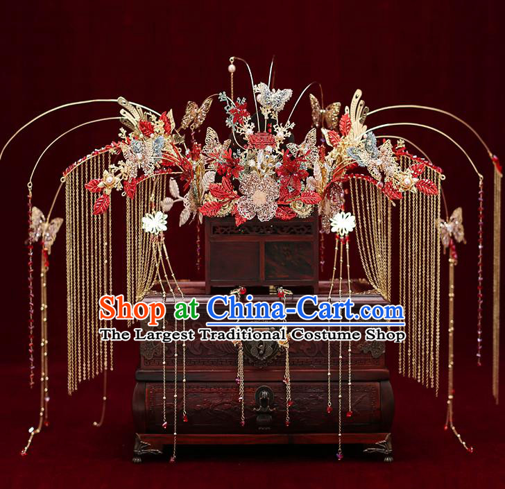 Chinese Traditional Wedding Luxury Phoenix Coronet Bride Handmade Tassel Hairpins Hair Accessories Complete Set for Women
