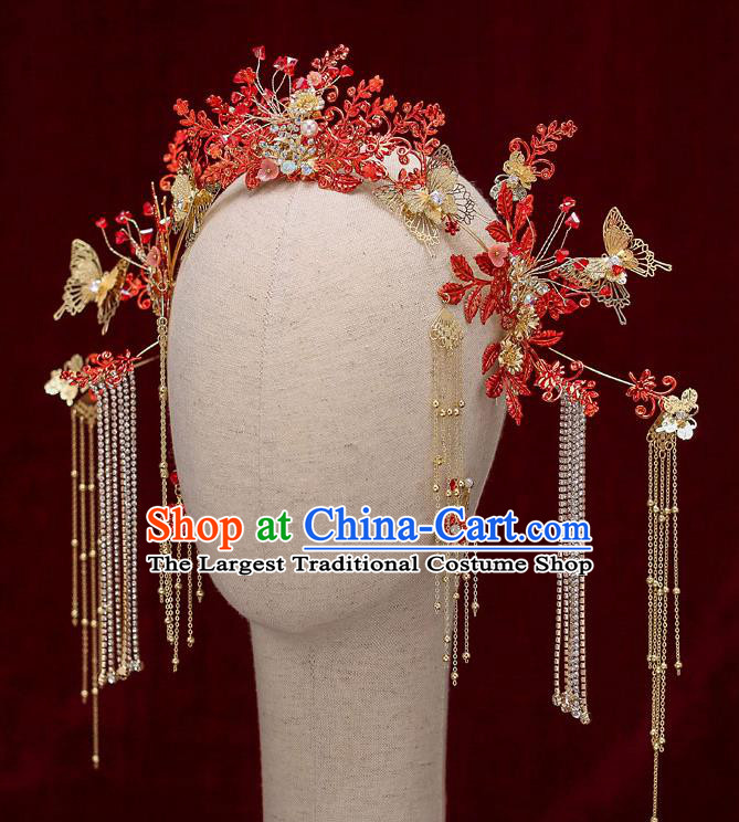 Chinese Traditional Wedding Red Leaf Hair Clasp Bride Handmade Tassel Hairpins Hair Accessories Complete Set for Women