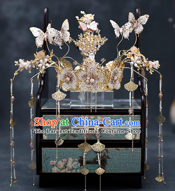 Chinese Traditional Wedding Crystal Butterfly Hair Crown Bride Handmade Tassel Hairpins Hair Accessories Complete Set for Women
