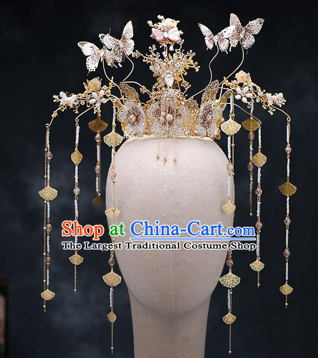 Chinese Traditional Wedding Crystal Butterfly Hair Crown Bride Handmade Tassel Hairpins Hair Accessories Complete Set for Women