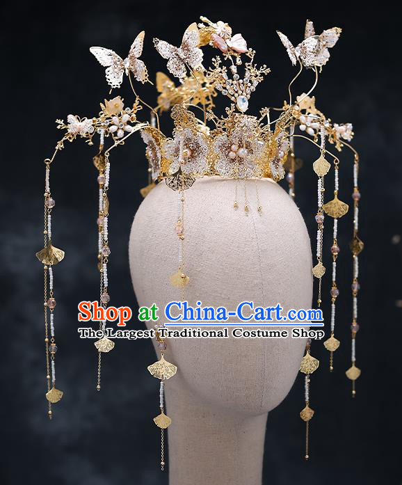 Chinese Traditional Wedding Crystal Butterfly Hair Crown Bride Handmade Tassel Hairpins Hair Accessories Complete Set for Women