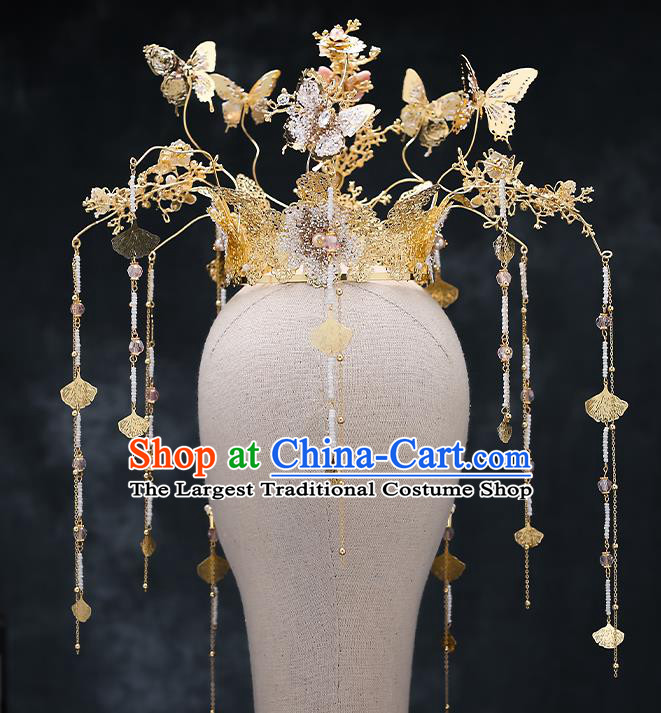 Chinese Traditional Wedding Crystal Butterfly Hair Crown Bride Handmade Tassel Hairpins Hair Accessories Complete Set for Women