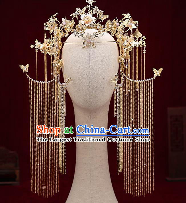 Chinese Traditional Wedding Crane Butterfly Phoenix Coronet Bride Handmade Tassel Hairpins Hair Accessories Complete Set for Women