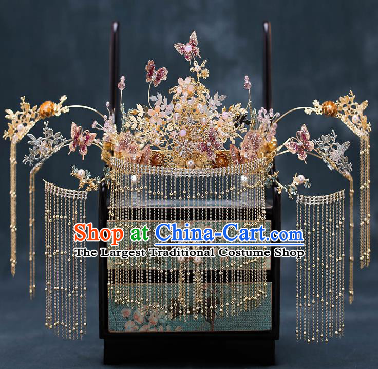 Chinese Traditional Wedding Purple Butterfly Hair Crown Bride Handmade Tassel Hairpins Hair Accessories Complete Set for Women
