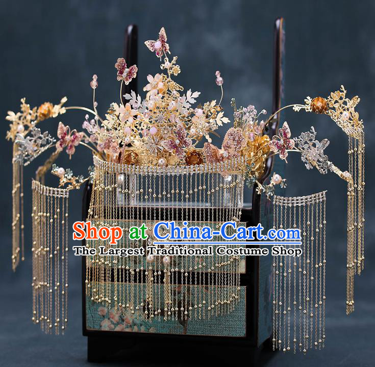 Chinese Traditional Wedding Purple Butterfly Hair Crown Bride Handmade Tassel Hairpins Hair Accessories Complete Set for Women