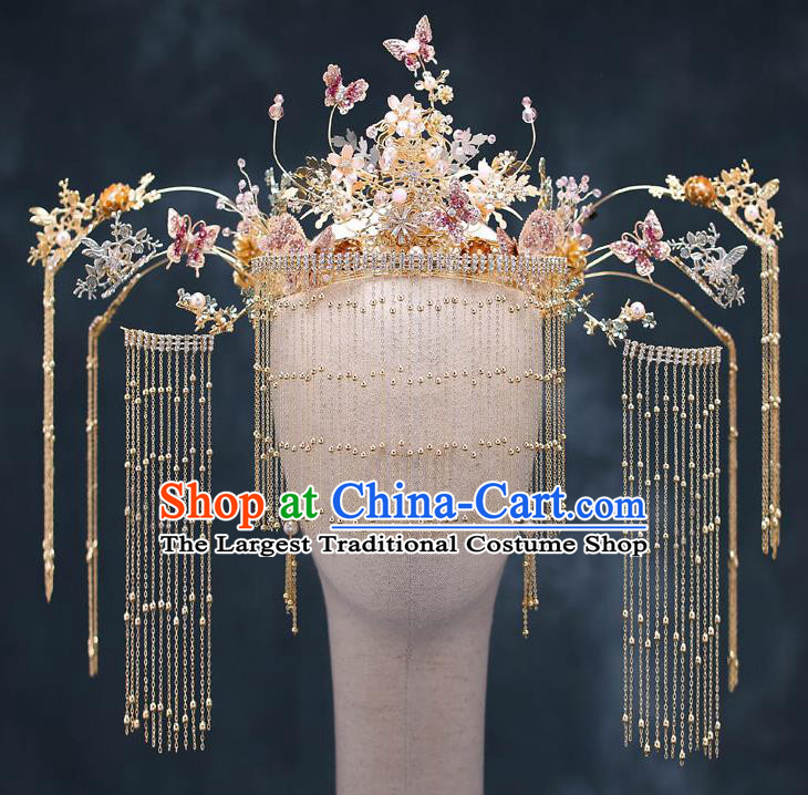 Chinese Traditional Wedding Purple Butterfly Hair Crown Bride Handmade Tassel Hairpins Hair Accessories Complete Set for Women