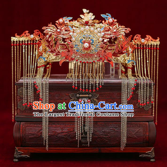 Chinese Traditional Wedding Red Phoenix Hair Crown Bride Handmade Tassel Hairpins Hair Accessories Complete Set for Women