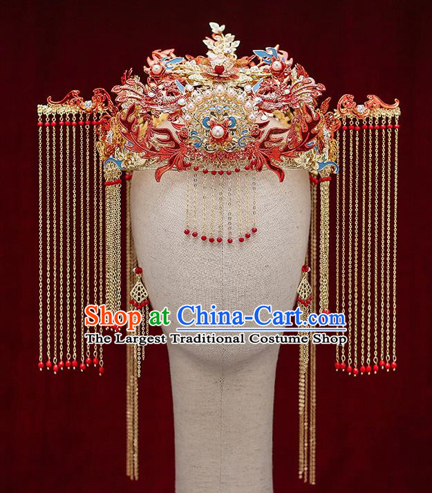 Chinese Traditional Wedding Red Phoenix Hair Crown Bride Handmade Tassel Hairpins Hair Accessories Complete Set for Women