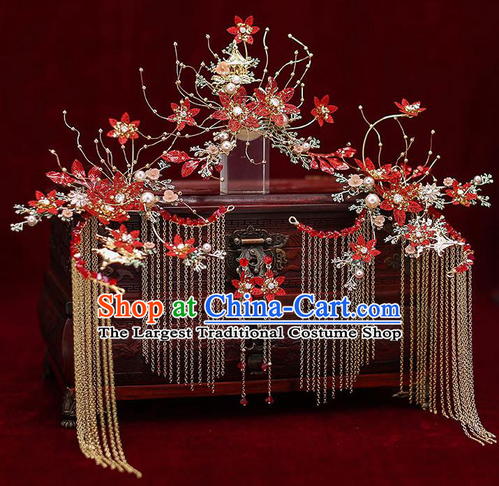Chinese Traditional Wedding Red Flowers Hair Comb Bride Handmade Tassel Hairpins Hair Accessories Complete Set for Women