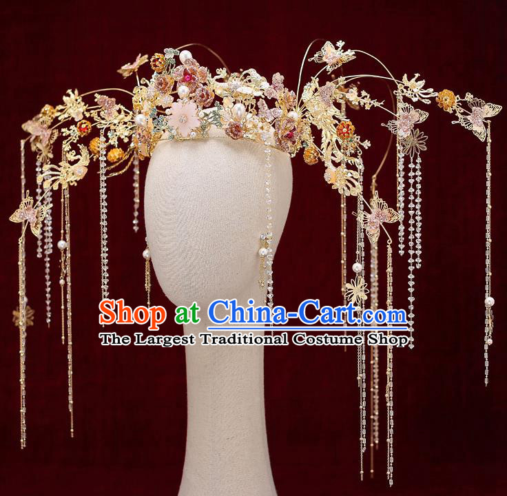 Chinese Traditional Wedding Pink Butterfly Phoenix Coronet Bride Handmade Tassel Hairpins Hair Accessories Complete Set for Women