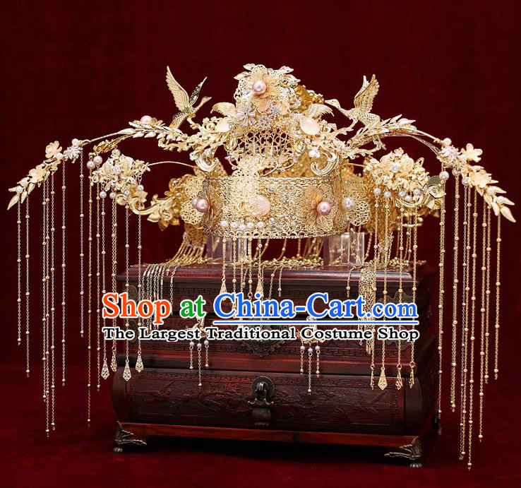 Chinese Traditional Wedding Golden Cranes Phoenix Coronet Bride Handmade Tassel Hairpins Hair Accessories Complete Set for Women