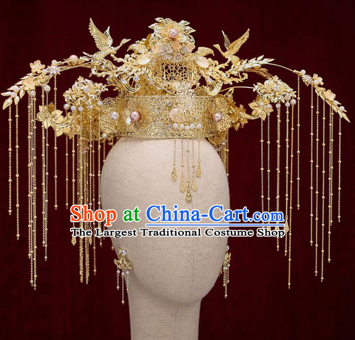 Chinese Traditional Wedding Golden Cranes Phoenix Coronet Bride Handmade Tassel Hairpins Hair Accessories Complete Set for Women