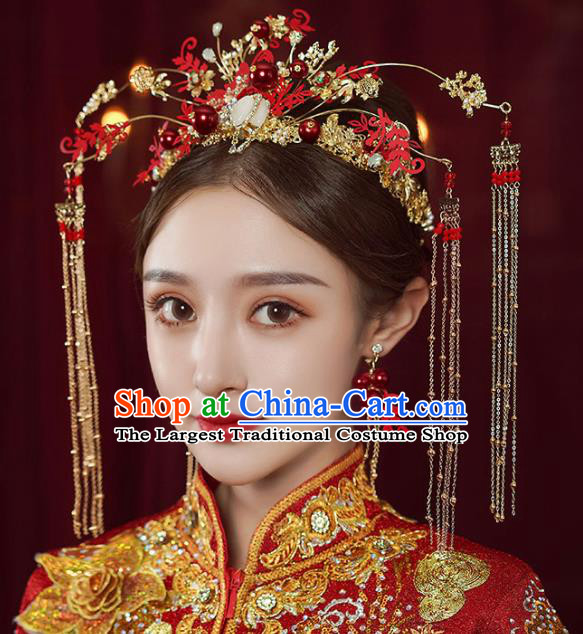 Chinese Traditional Wedding Red Phoenix Coronet Bride Handmade Tassel Hairpins Hair Accessories Complete Set for Women