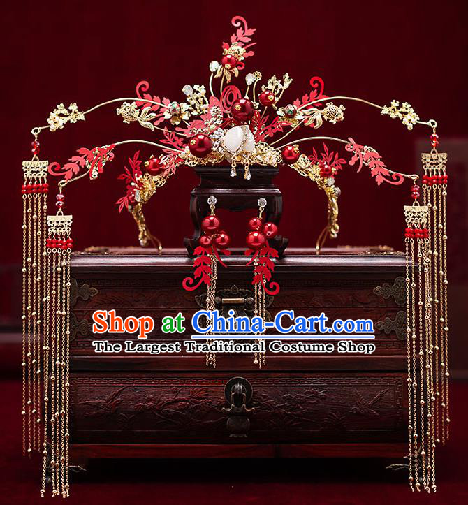 Chinese Traditional Wedding Red Phoenix Coronet Bride Handmade Tassel Hairpins Hair Accessories Complete Set for Women