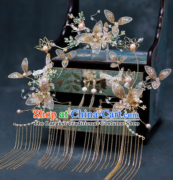 Chinese Traditional Wedding Hair Comb Bride Handmade Tassel Hairpins Hair Accessories Complete Set for Women