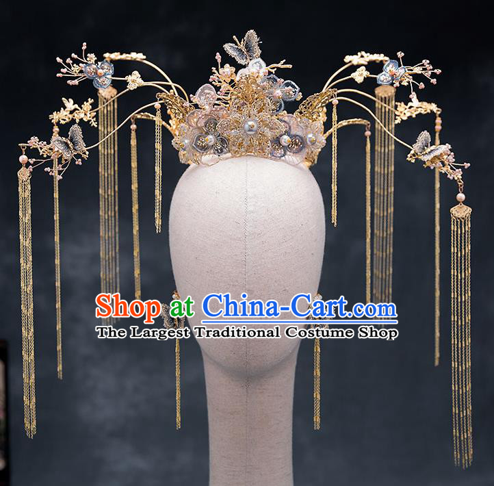 Chinese Traditional Bride Blue Butterfly Phoenix Coronet Handmade Hairpins Wedding Hair Accessories Complete Set for Women