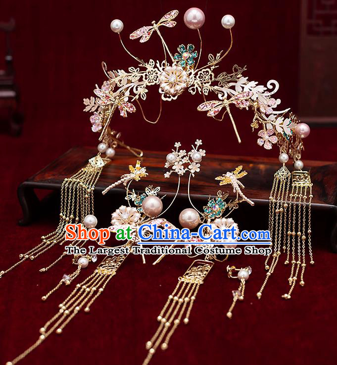 Chinese Traditional Bride Tassel Dragonfly Hair Clasp Handmade Hairpins Wedding Hair Accessories Complete Set for Women