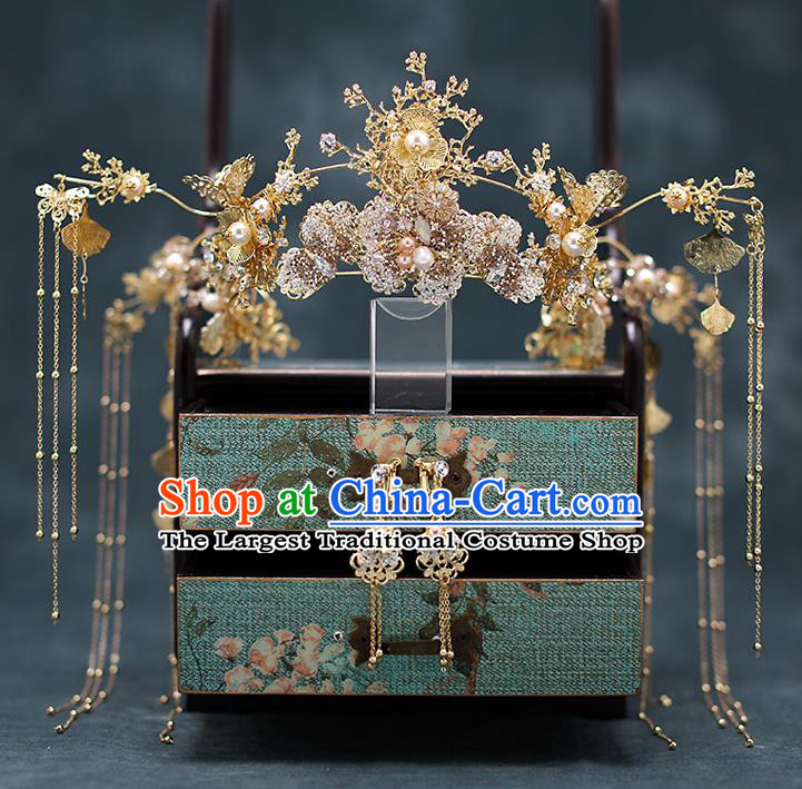 Chinese Traditional Golden Hair Clasp Bride Handmade Hairpins Wedding Hair Accessories Complete Set for Women