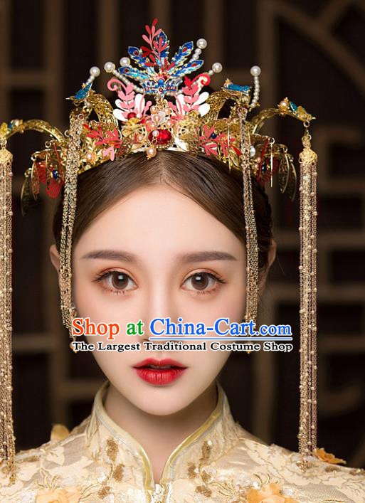 Chinese Traditional Blueing Phoenix Coronet Bride Handmade Hairpins Wedding Hair Accessories Complete Set for Women
