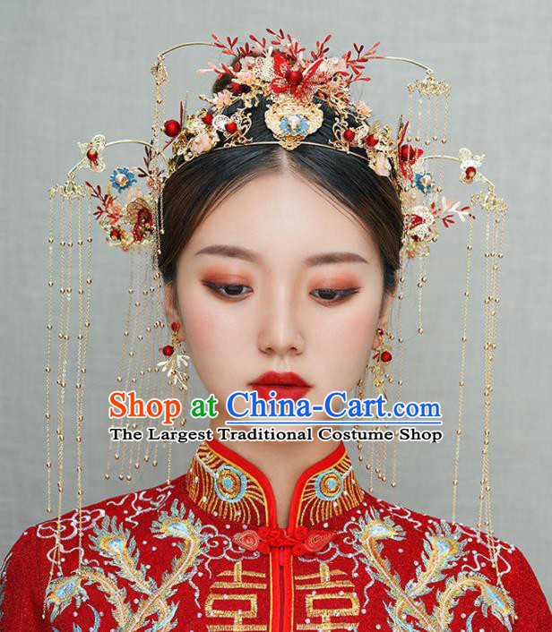Chinese Traditional Bride Red Butterfly Hair Clasp Handmade Hairpins Wedding Hair Accessories Complete Set for Women