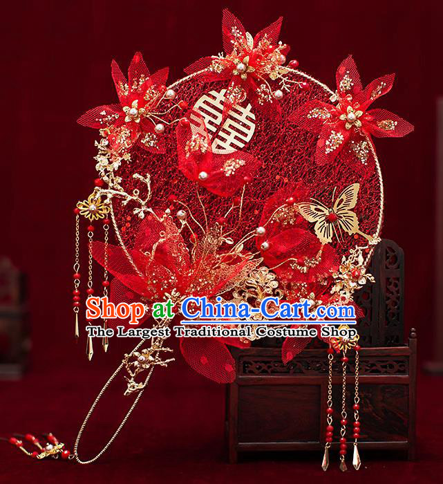 Chinese Traditional Wedding Red Silk Flowers Palace Fans Ancient Bride Prop Round Fan for Men