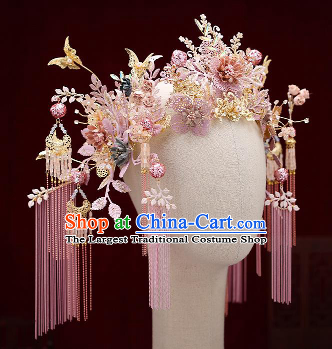 Chinese Traditional Wedding Pink Flowers Phoenix Coronet Bride Handmade Tassel Hairpins Hair Accessories Complete Set for Women