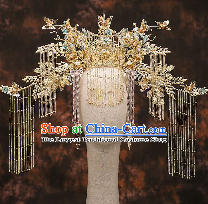 Chinese Traditional Wedding Golden Leaf Phoenix Coronet Bride Handmade Tassel Hairpins Hair Accessories Complete Set for Women