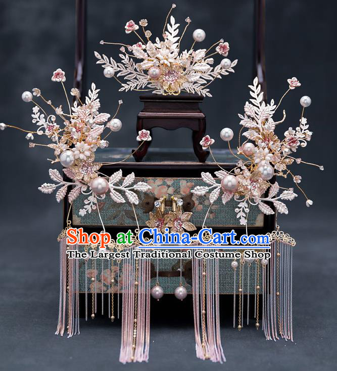 Top Chinese Traditional Wedding Leaf Hair Comb Bride Handmade Tassel Hairpins Hair Accessories Complete Set