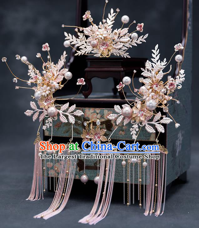 Top Chinese Traditional Wedding Leaf Hair Comb Bride Handmade Tassel Hairpins Hair Accessories Complete Set