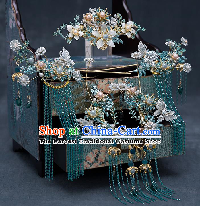 Top Chinese Traditional Wedding Blue Flower Hair Comb Bride Handmade Tassel Hairpins Hair Accessories Complete Set