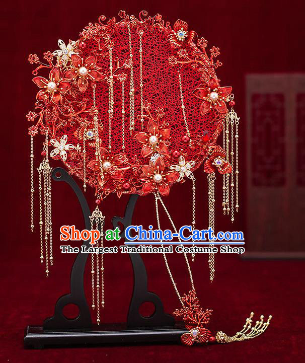 Chinese Traditional Wedding Red Silk Palace Fans Ancient Bride Prop Round Fan for Men