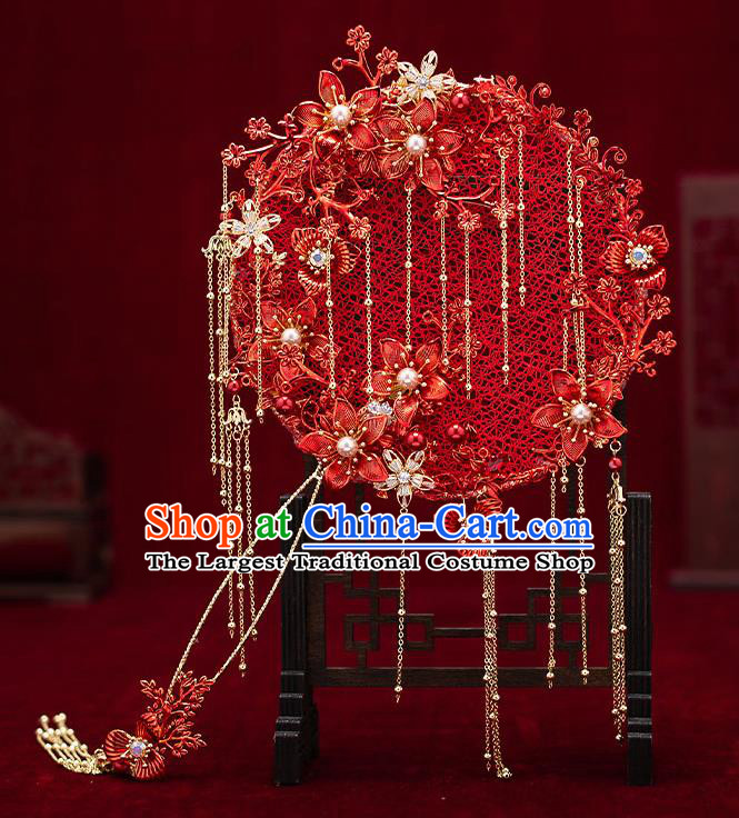 Chinese Traditional Wedding Red Silk Palace Fans Ancient Bride Prop Round Fan for Men