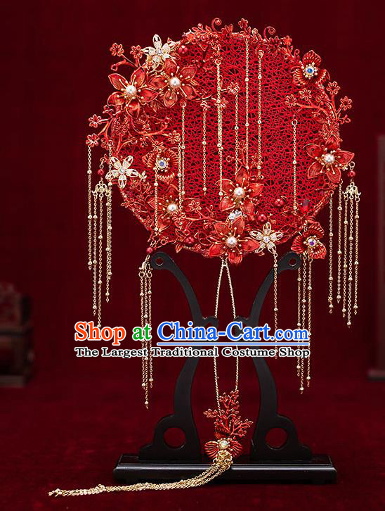 Chinese Traditional Wedding Red Silk Palace Fans Ancient Bride Prop Round Fan for Women