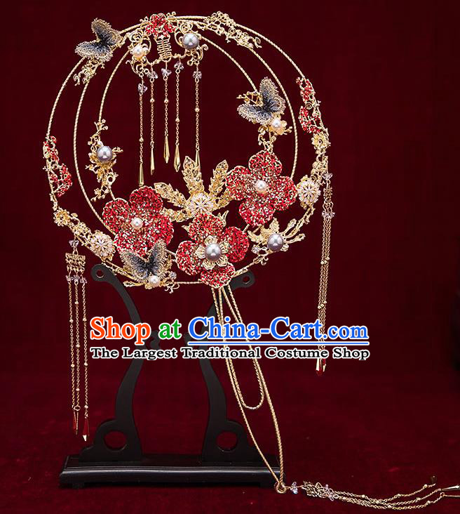 Chinese Traditional Wedding Red Crystal Flower Palace Fans Ancient Bride Prop Round Fan for Women