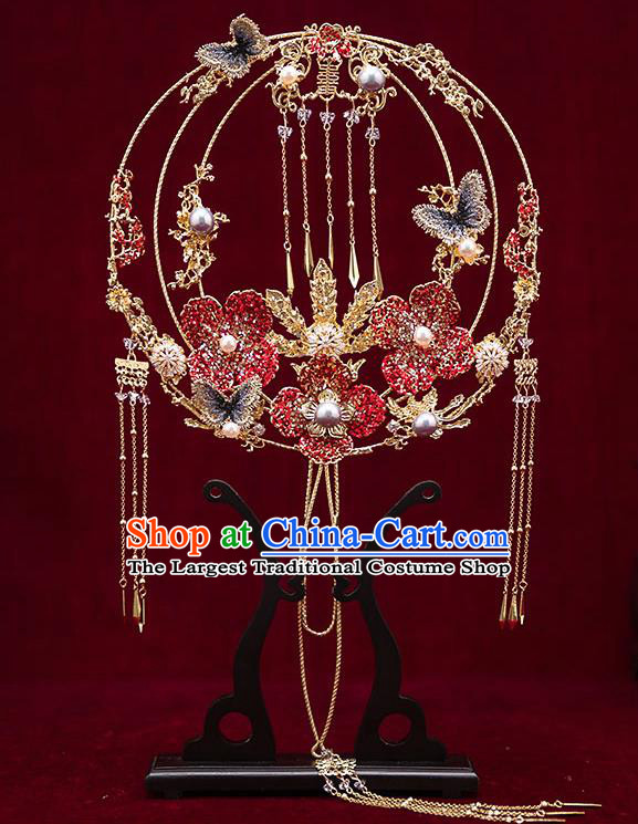 Chinese Traditional Wedding Red Crystal Flower Palace Fans Ancient Bride Prop Round Fan for Men