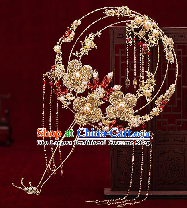 Chinese Traditional Wedding Golden Crystal Flower Palace Fans Ancient Bride Prop Round Fan for Men