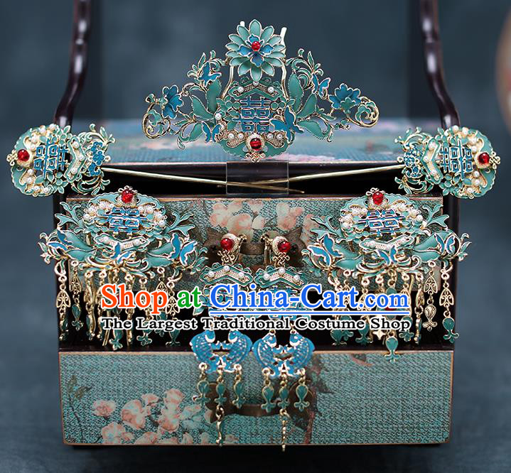 Top Chinese Traditional Wedding Blue Hair Combs Bride Handmade Tassel Hairpins Hair Accessories Complete Set