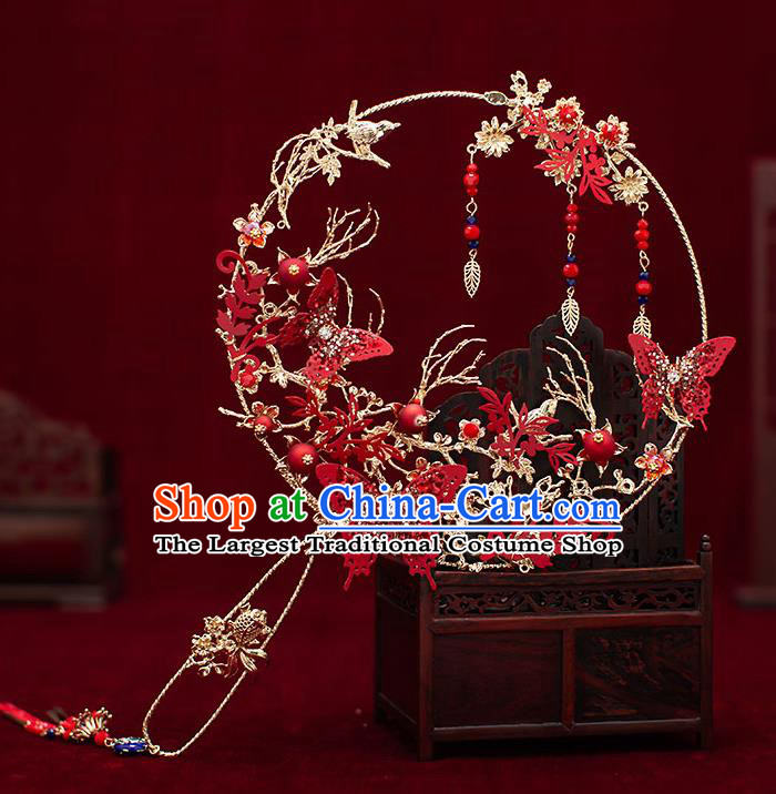 Chinese Traditional Wedding Red Palace Fans Ancient Bride Prop Round Fan for Men