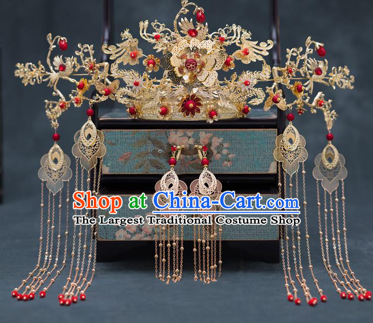 Top Chinese Traditional Wedding Hair Crown Bride Handmade Tassel Hairpins Hair Accessories Complete Set