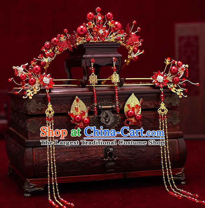 Top Chinese Traditional Wedding Red Beads Hair Clasp Bride Handmade Tassel Hairpins Hair Accessories Complete Set