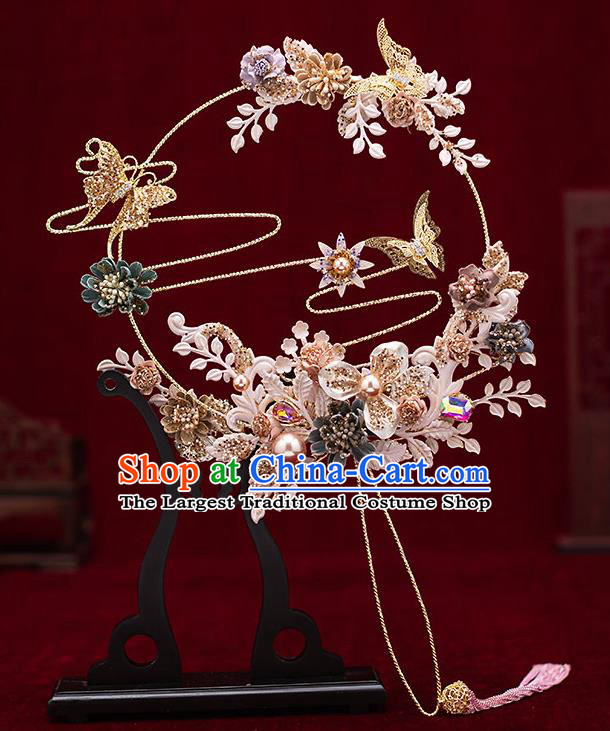 Chinese Traditional Wedding Butterfly Flowers Palace Fans Ancient Bride Prop Round Fan for Men