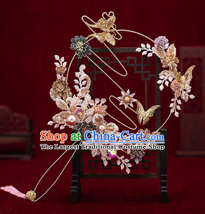 Chinese Traditional Wedding Butterfly Flowers Palace Fans Ancient Bride Prop Round Fan for Men
