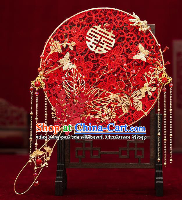Chinese Traditional Wedding Red Lace Plum Palace Fans Ancient Bride Prop Round Fan for Men