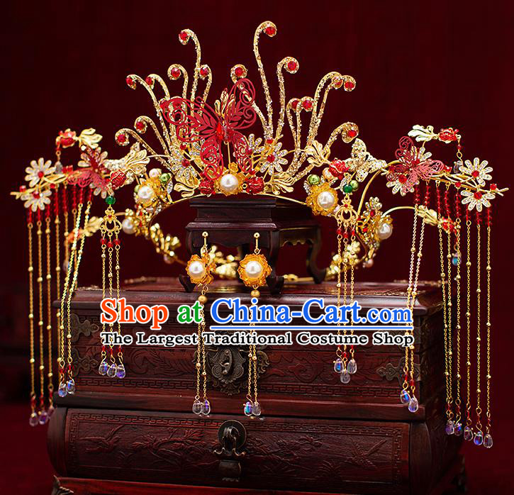 Top Chinese Traditional Wedding Royal Crown Bride Handmade Hairpins Hair Accessories Complete Set