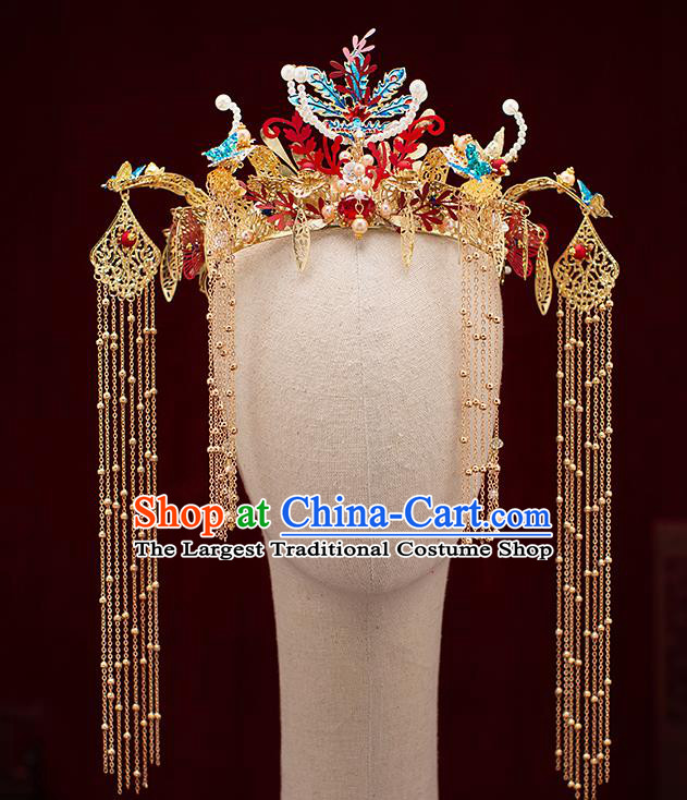 Top Chinese Traditional Wedding Pearls Phoenix Hair Crown Bride Handmade Hairpins Hair Accessories Complete Set
