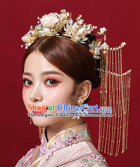 Top Chinese Traditional Wedding Pink Silk Flowers Tassel Hair Clasp Bride Handmade Hairpins Hair Accessories Complete Set